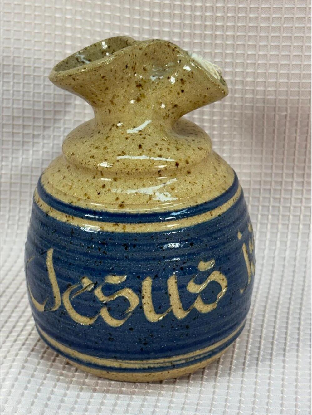 172 - Rusterholtz Art Pottery oil lamp from 1986 handcrafted ceramic piece Jesus